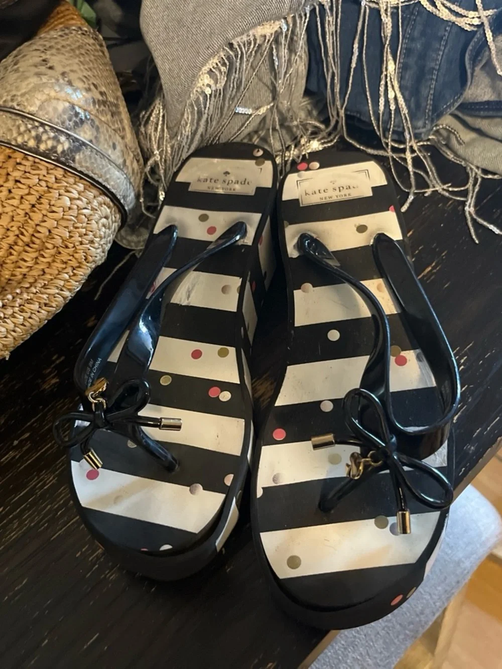 kate spade Black and White Striped Polka Dot Wedge Flip Sandals